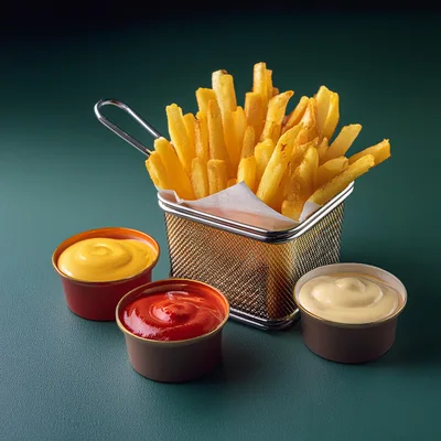 French Fries In Metal Basket With Three Dipping Sauces