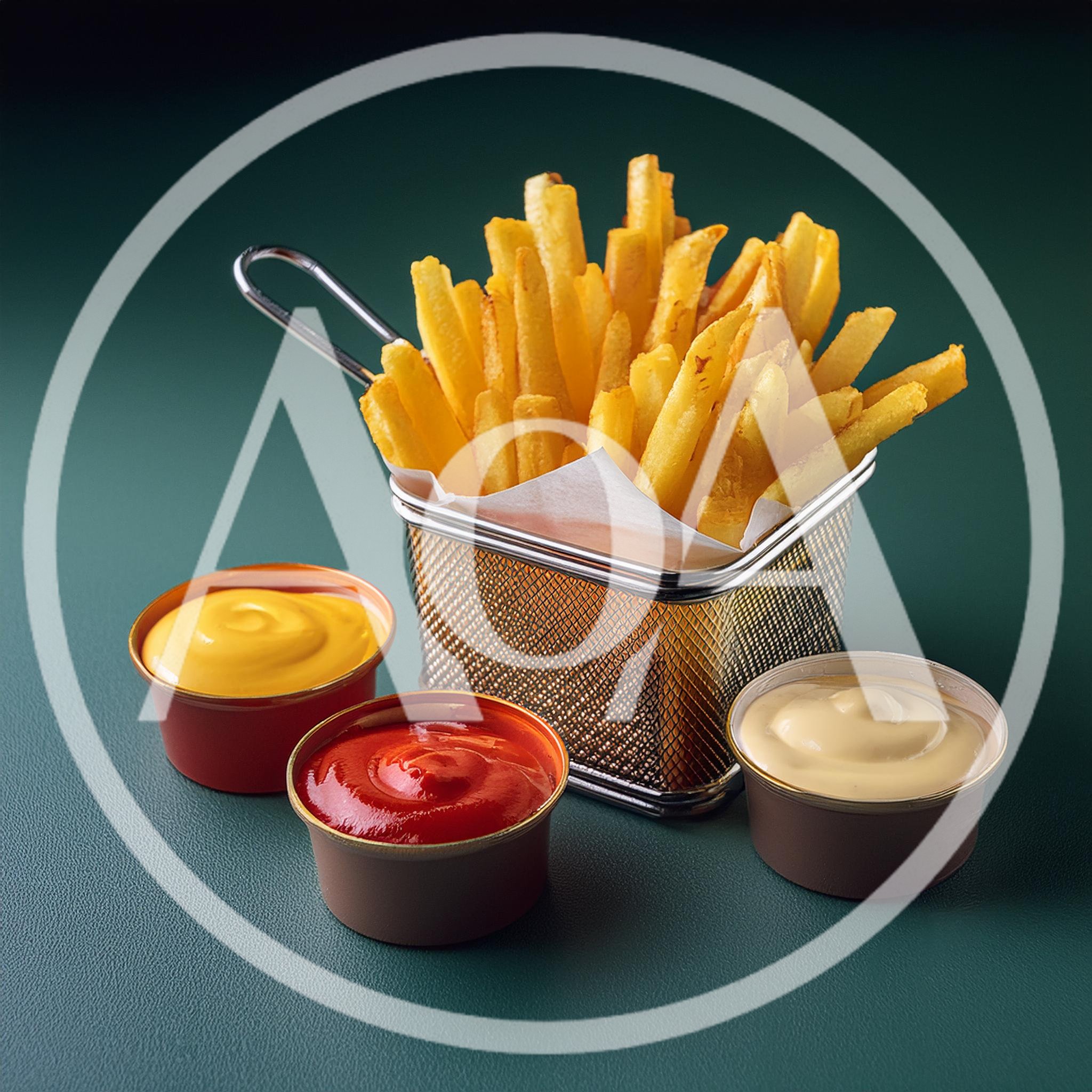 French Fries In Metal Basket With Three Dipping Sauces