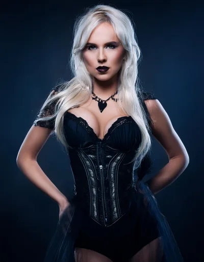 Gothic Blonde Woman In Black Corset And Lace