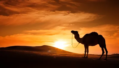 Silhouette Of A Camel Standing On Desert Sand Dunes