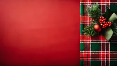 Christmas Plaid Gift Box With Red Ornament And Berries