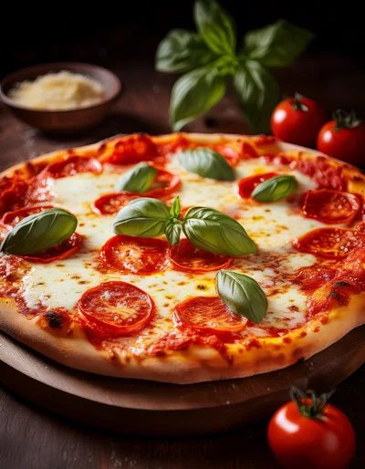 Freshly Baked Pepperoni Pizza With Basil Leaves