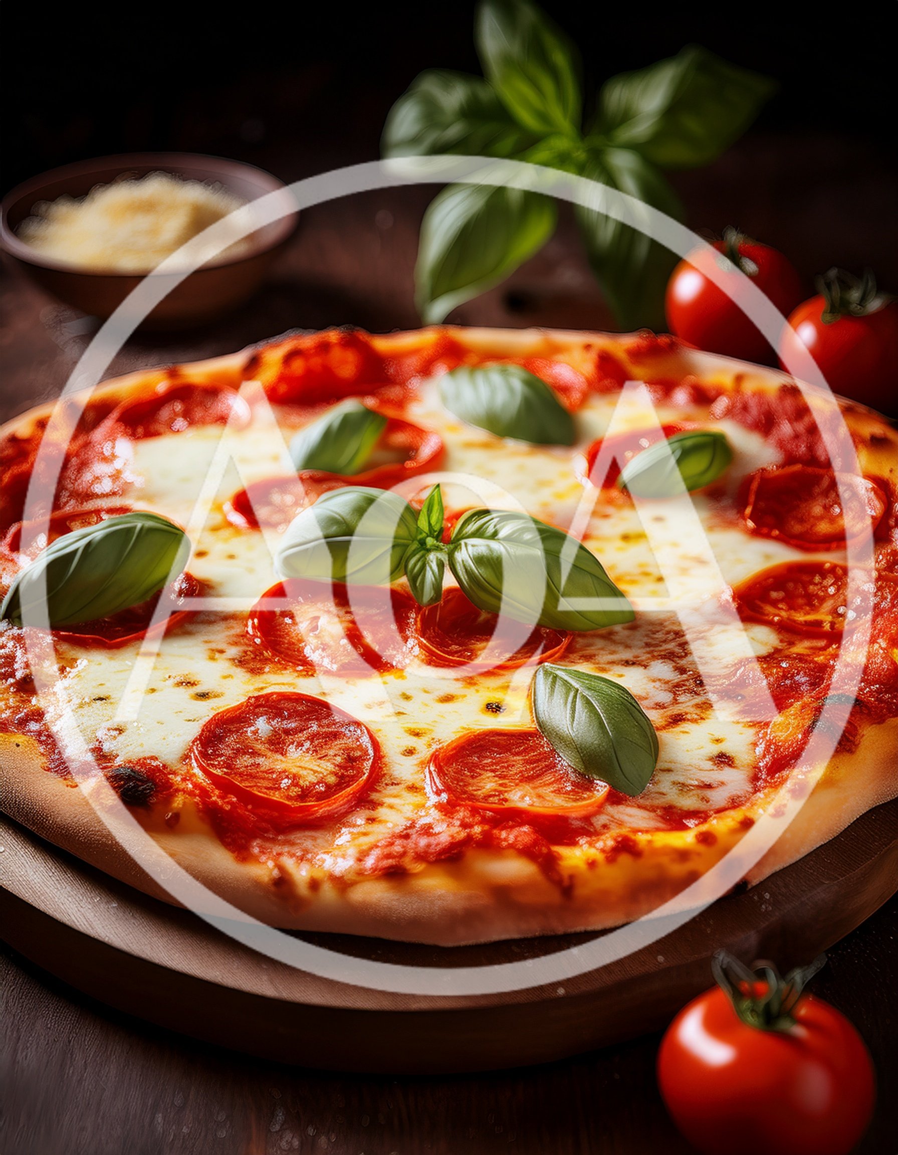 Freshly Baked Pepperoni Pizza With Basil Leaves