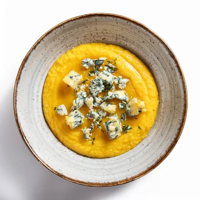 Bowl Of Creamy Pumpkin Soup With Blue Cheese