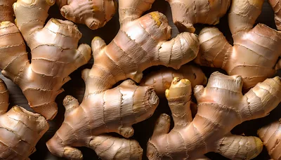 Fresh Raw Ginger Roots Arranged On Dark Surface