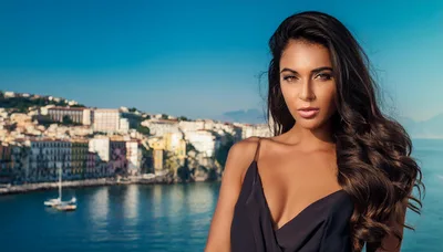 Beautiful Woman Posing Against A Coastal Italian Cityscape