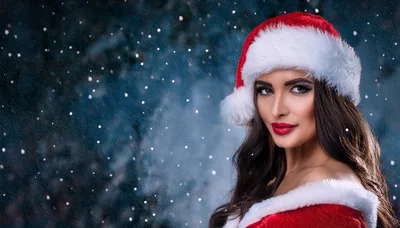 Beautiful Woman Wearing Santa Hat In Snowy Setting