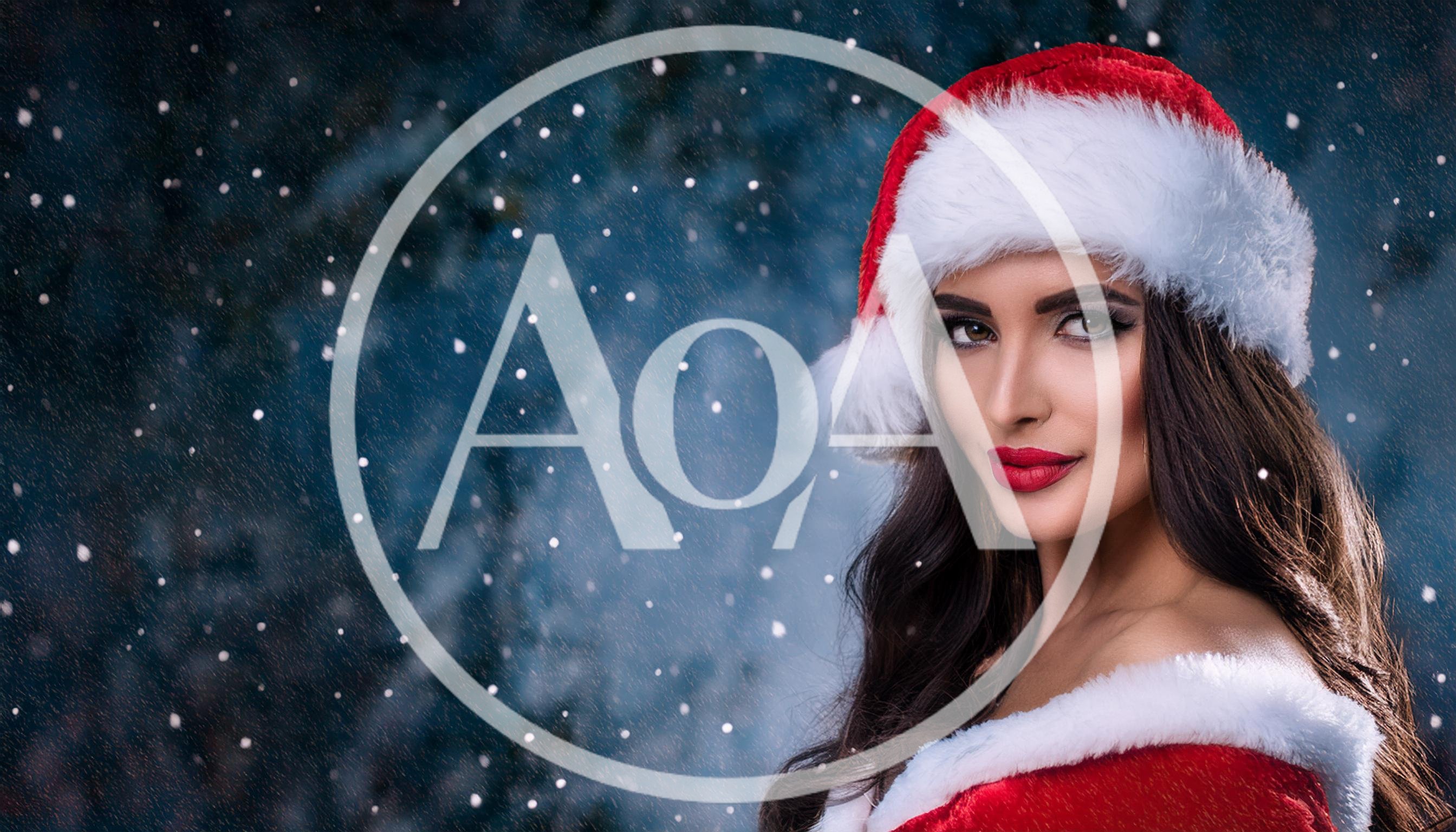 Beautiful Woman Wearing Santa Hat In Snowy Setting