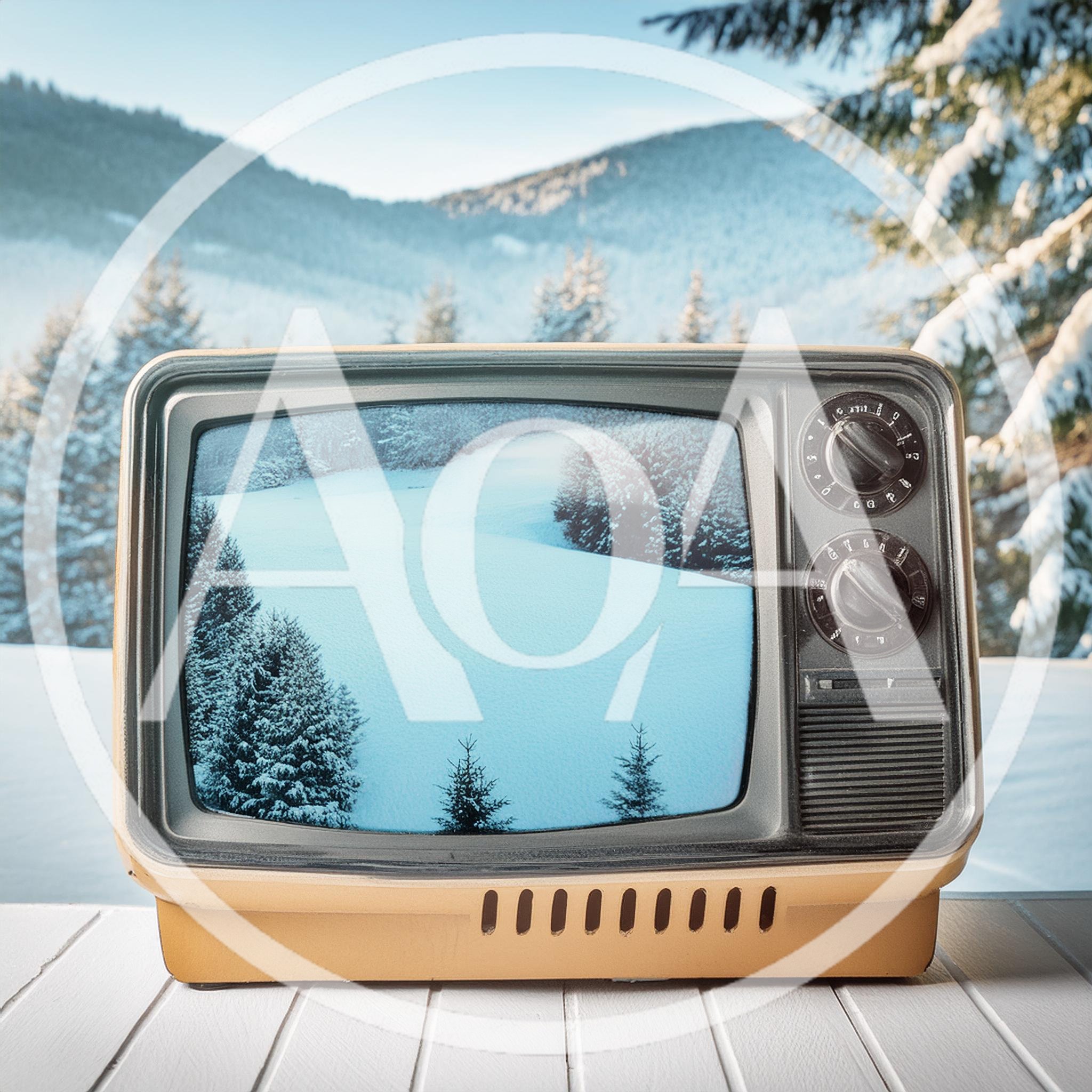 Vintage Television Displaying Snowy Mountain Landscape