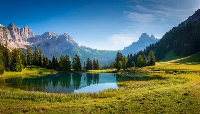 Alpine Lake Surrounded By Pine Trees And Mountains