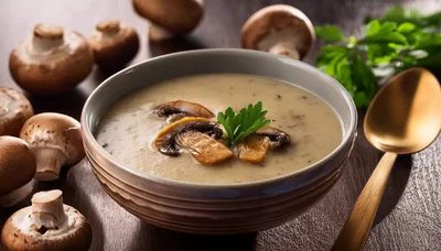 Creamy Mushroom Soup in a Ceramic Bowl