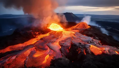 Aerial View Of Active Volcanic Eruption With Flowing Lava