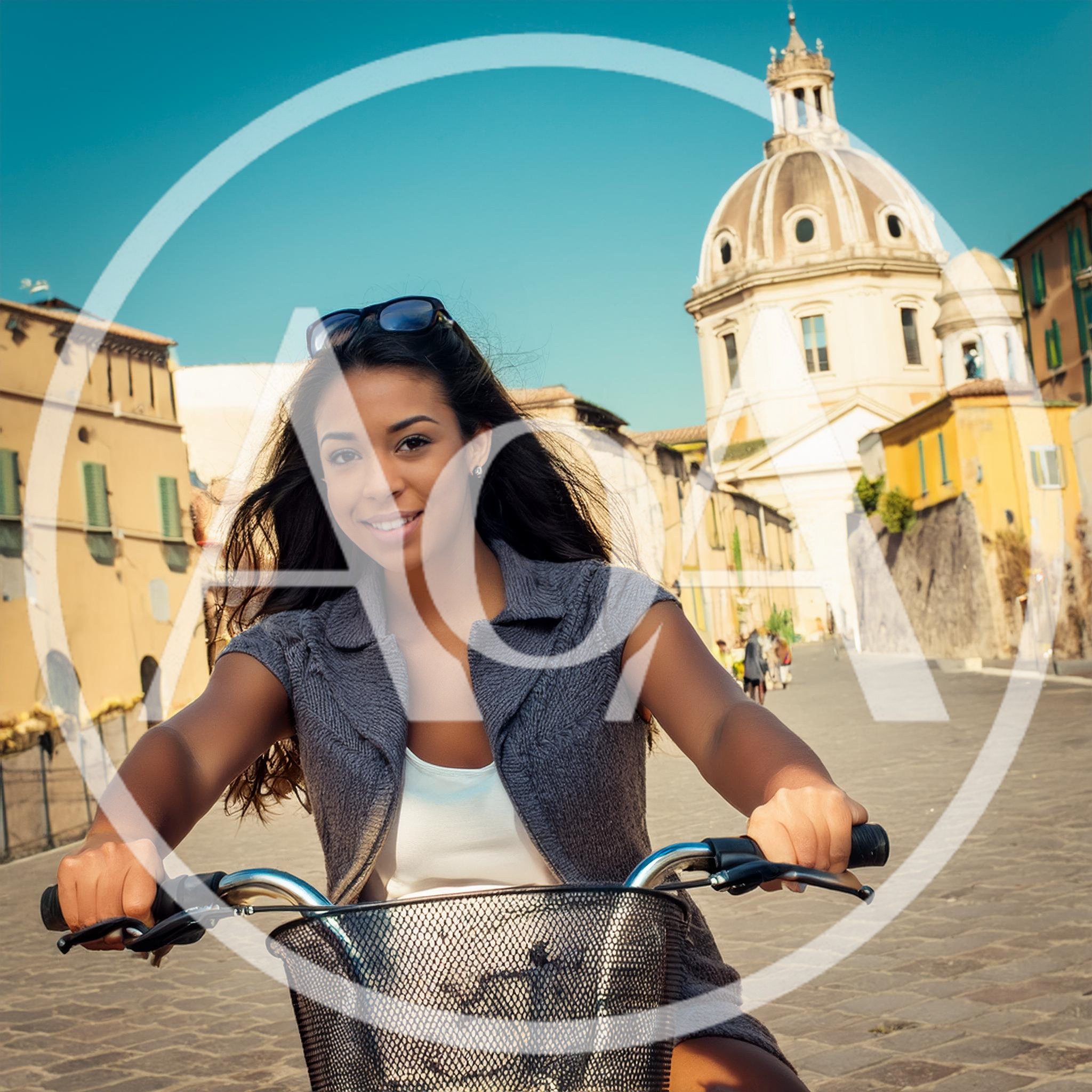 Young Woman Riding A Bicycle In Rome