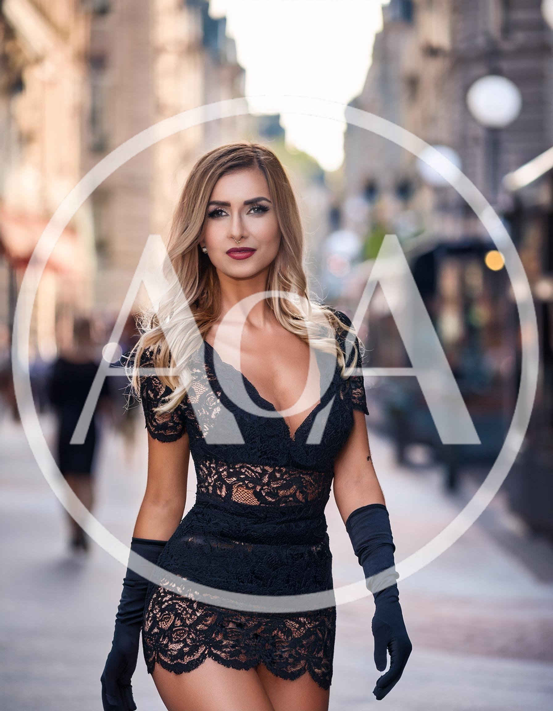 Elegant Woman Walking In A Black Lace Dress