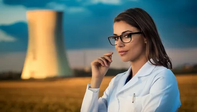 Female Scientist Standing Before A Nuclear Power Plant