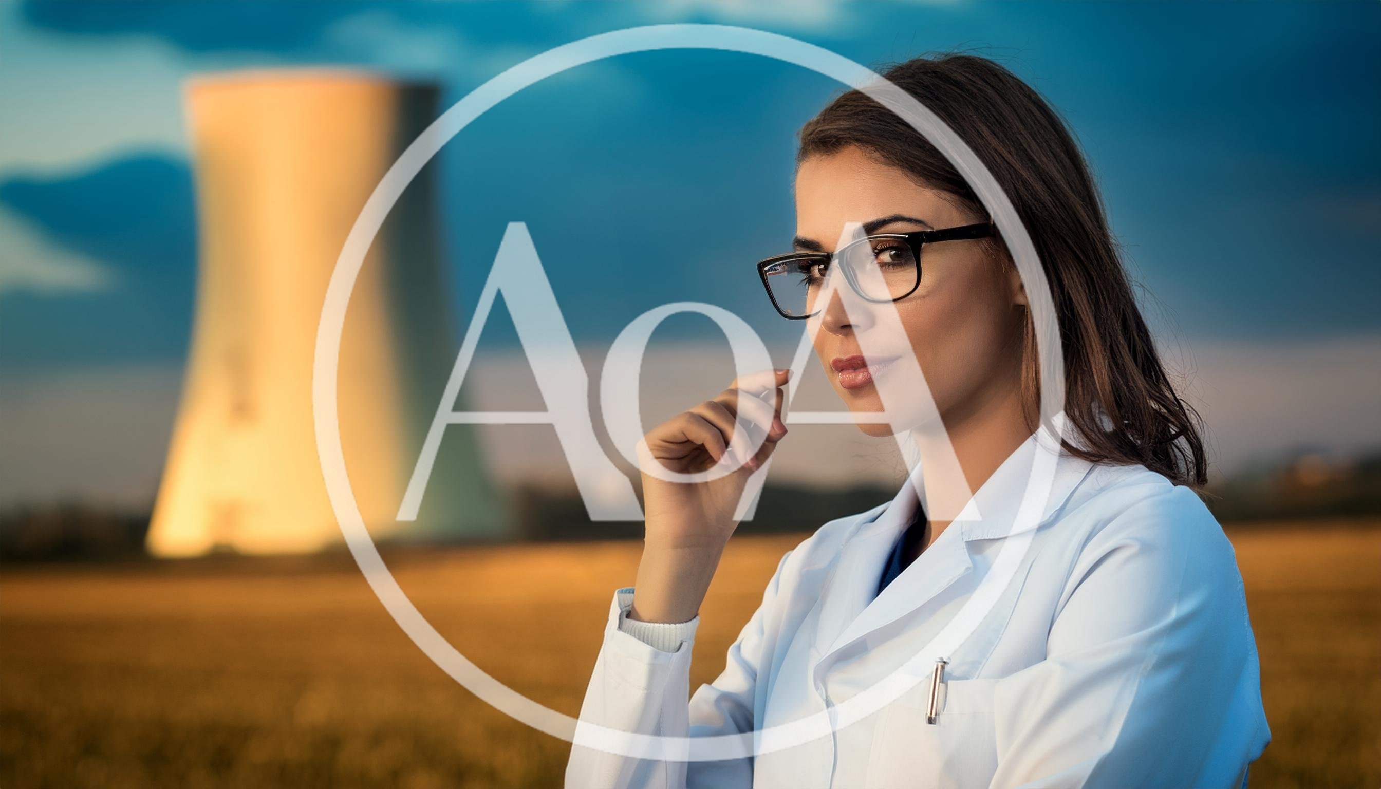 Female Scientist Standing Before A Nuclear Power Plant