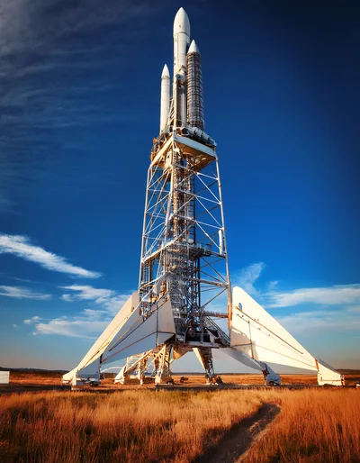 Futuristic Rocket Launchpad Structure in Open Field
