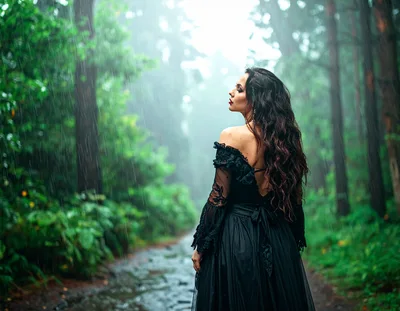 Woman In Black Dress Standing In Rainy Forest