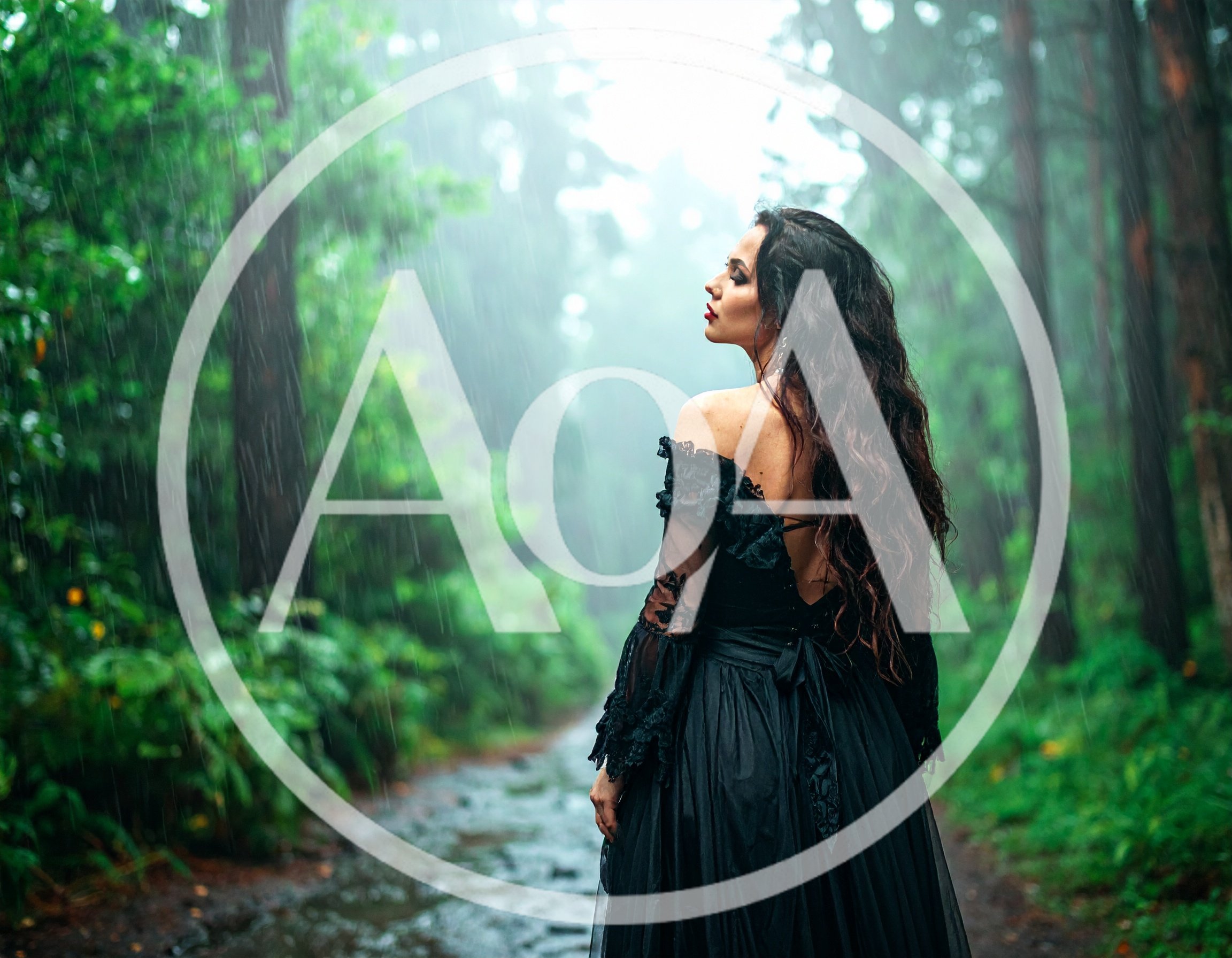 Woman In Black Dress Standing In Rainy Forest