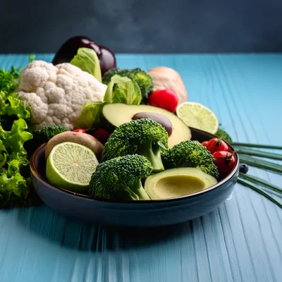 Fresh Vegetables And Fruits In A Ceramic Bowl