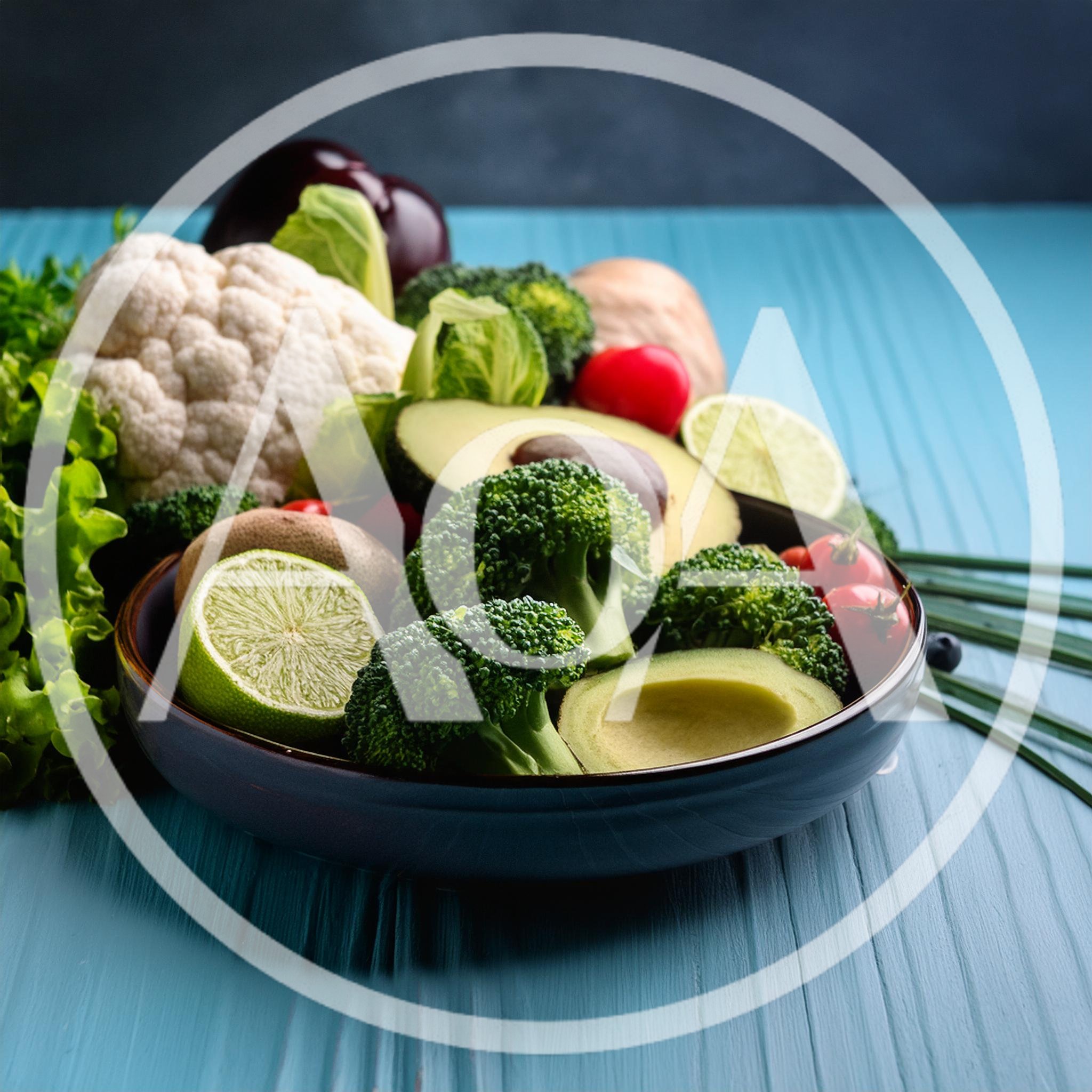 Fresh Vegetables And Fruits In A Ceramic Bowl