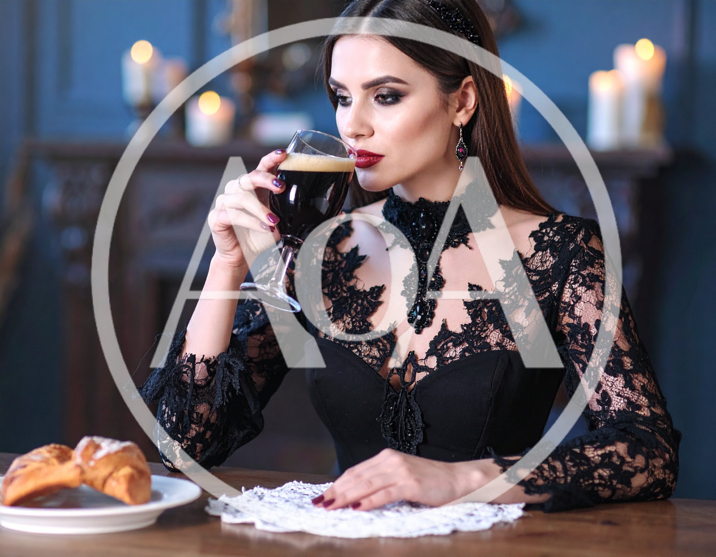 Elegant Woman Drinking Dark Beverage in Gothic Attire