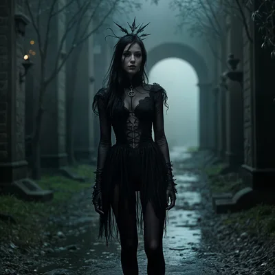Gothic Queen Standing In A Misty Ancient Stone Corridor