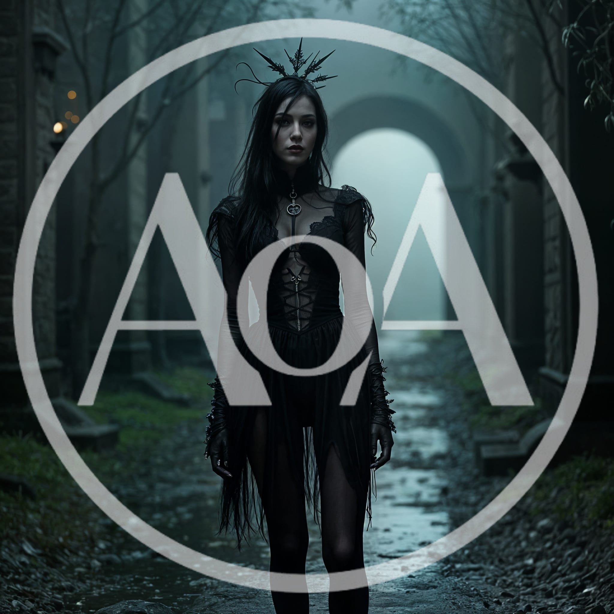 Gothic Queen Standing In A Misty Ancient Stone Corridor