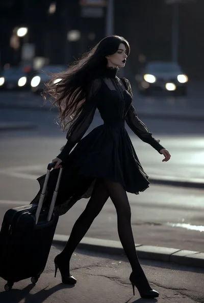 Gothic Woman Walking With Suitcase On City Street