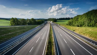 Empty Multi Lane Highway Through Green Countryside