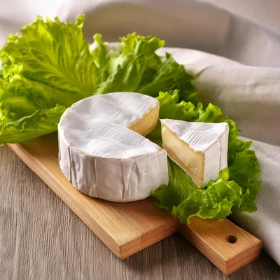 Brie Cheese Wheel With A Slice On Wooden Board