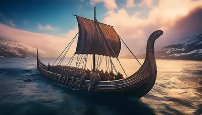 Viking Longship Sailing Through A Snowy Fjord