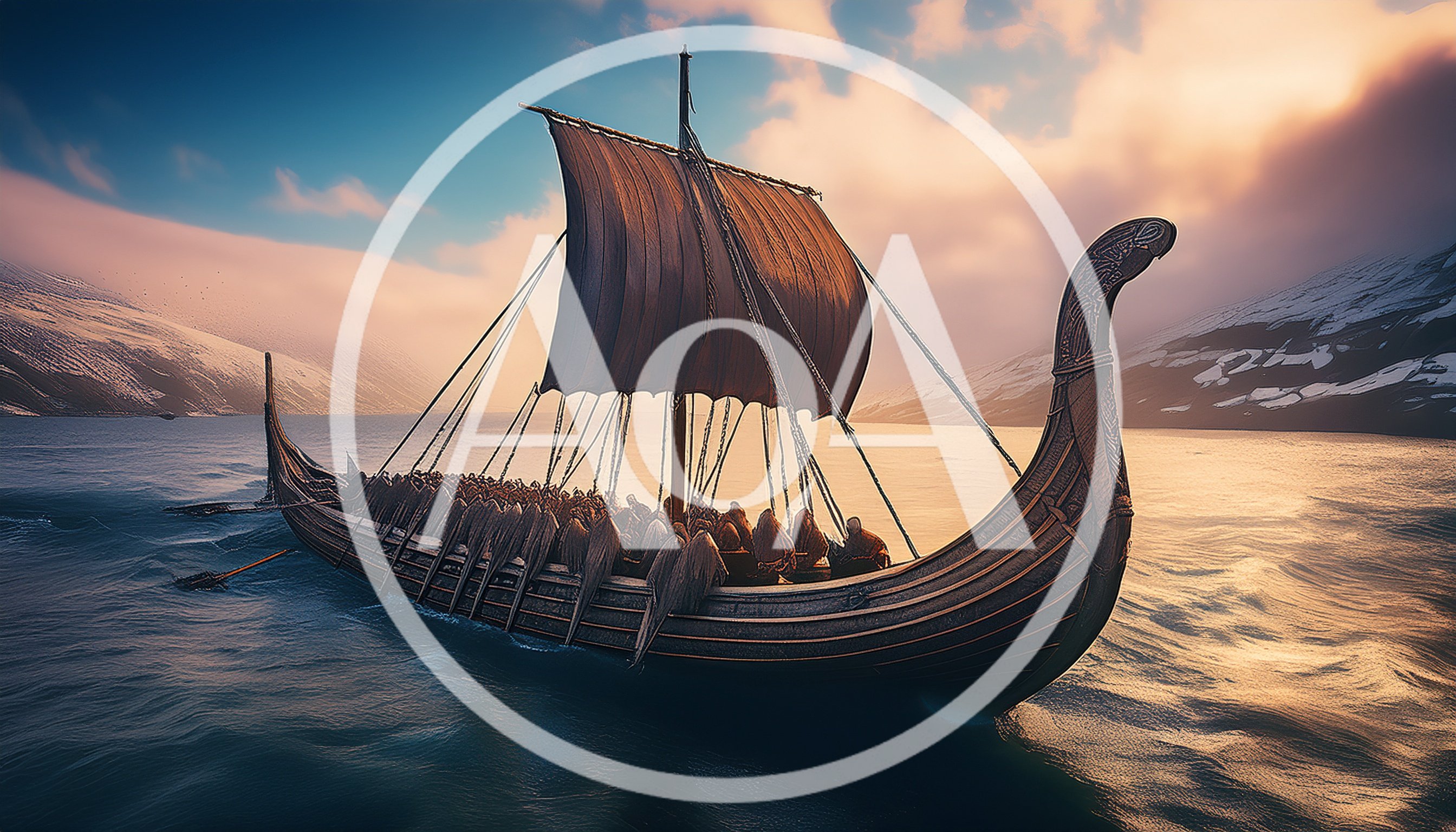 Viking Longship Sailing Through A Snowy Fjord