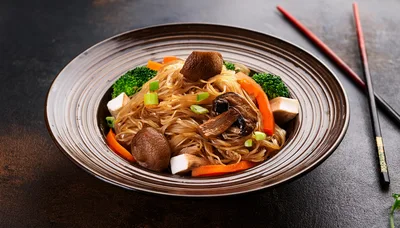 Stir Fried Glass Noodles With Vegetables And Mushrooms