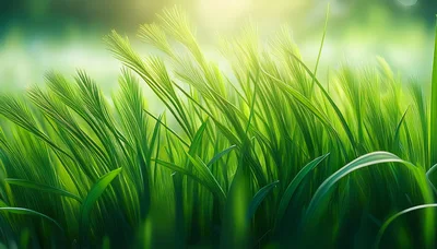 Lush Green Grass Blades Swaying In Sunlight