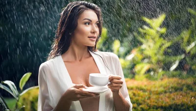 Woman Holding Coffee Cup Under Rain in Tropical Garden