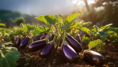 Fresh Eggplants Growing In A Sunny Garden