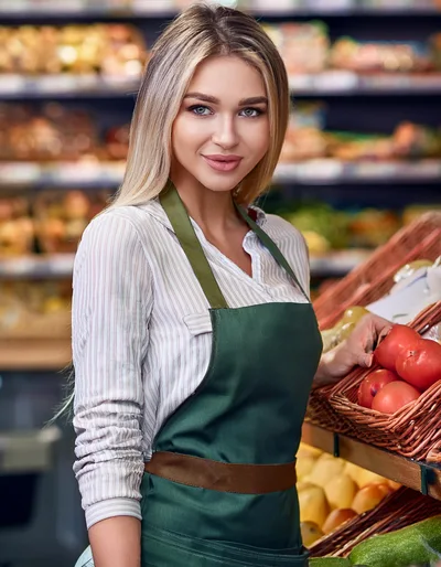 Female Grocery Store Clerk Arranging Fresh Tomatoes
