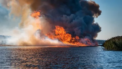 Massive Fire Burning Along The Shoreline