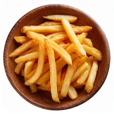 Golden French Fries In A Wooden Bowl