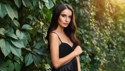 Beautiful Woman Posing In A Black Dress Outdoors