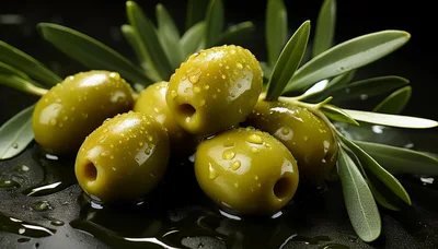 Fresh Green Olives With Water Droplets On Dark Surface