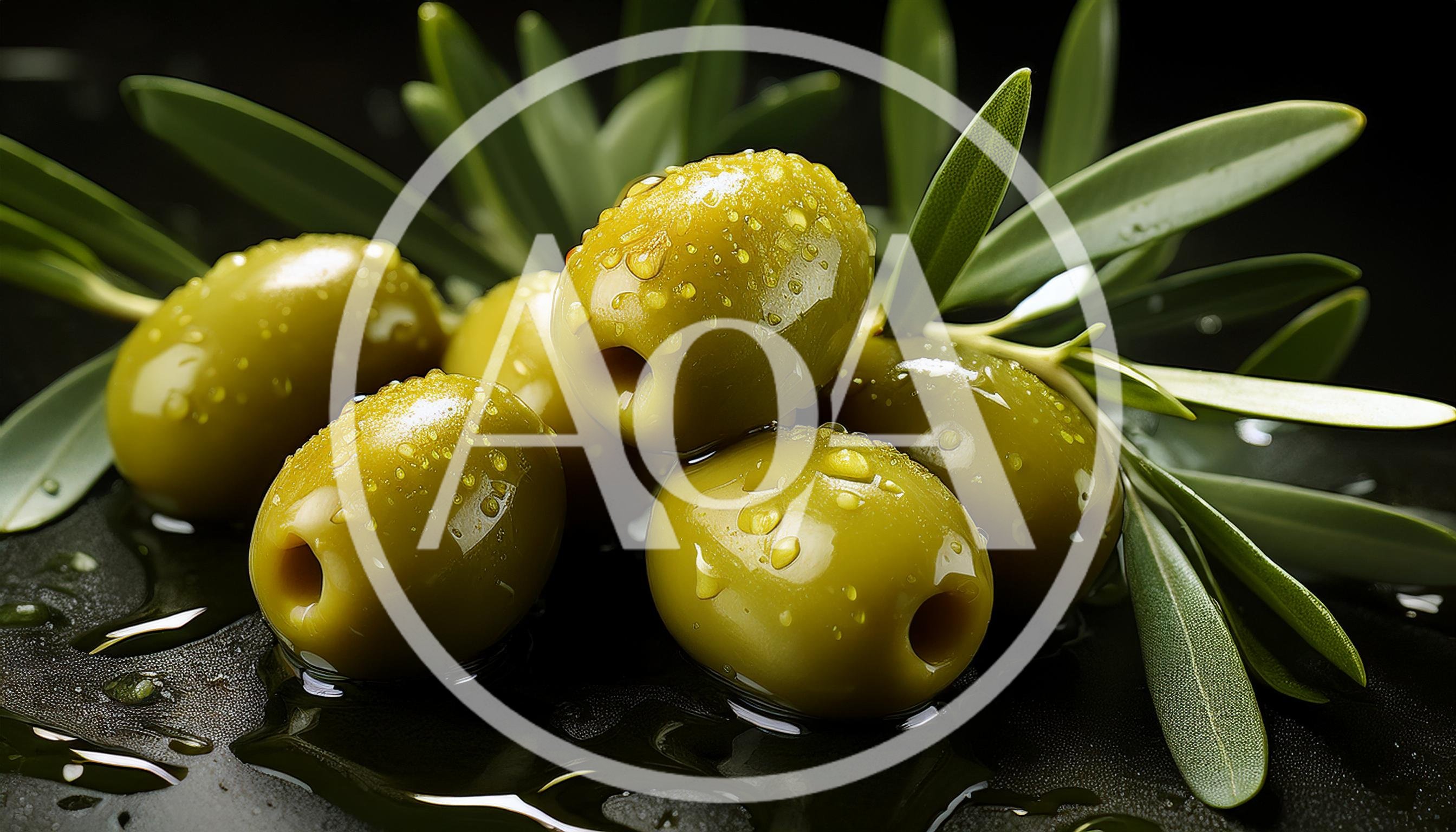 Fresh Green Olives With Water Droplets On Dark Surface