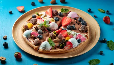 Dessert Pizza Topped With Ice Cream And Fresh Fruit