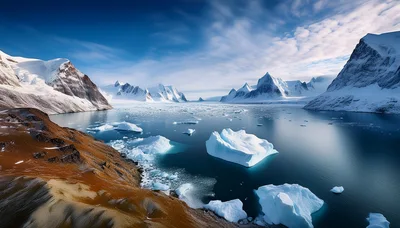 Glacial Landscape With Icebergs In Arctic Fjord