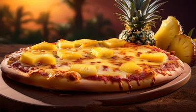 Fresh Hawaiian Pineapple Pizza On A Wooden Board