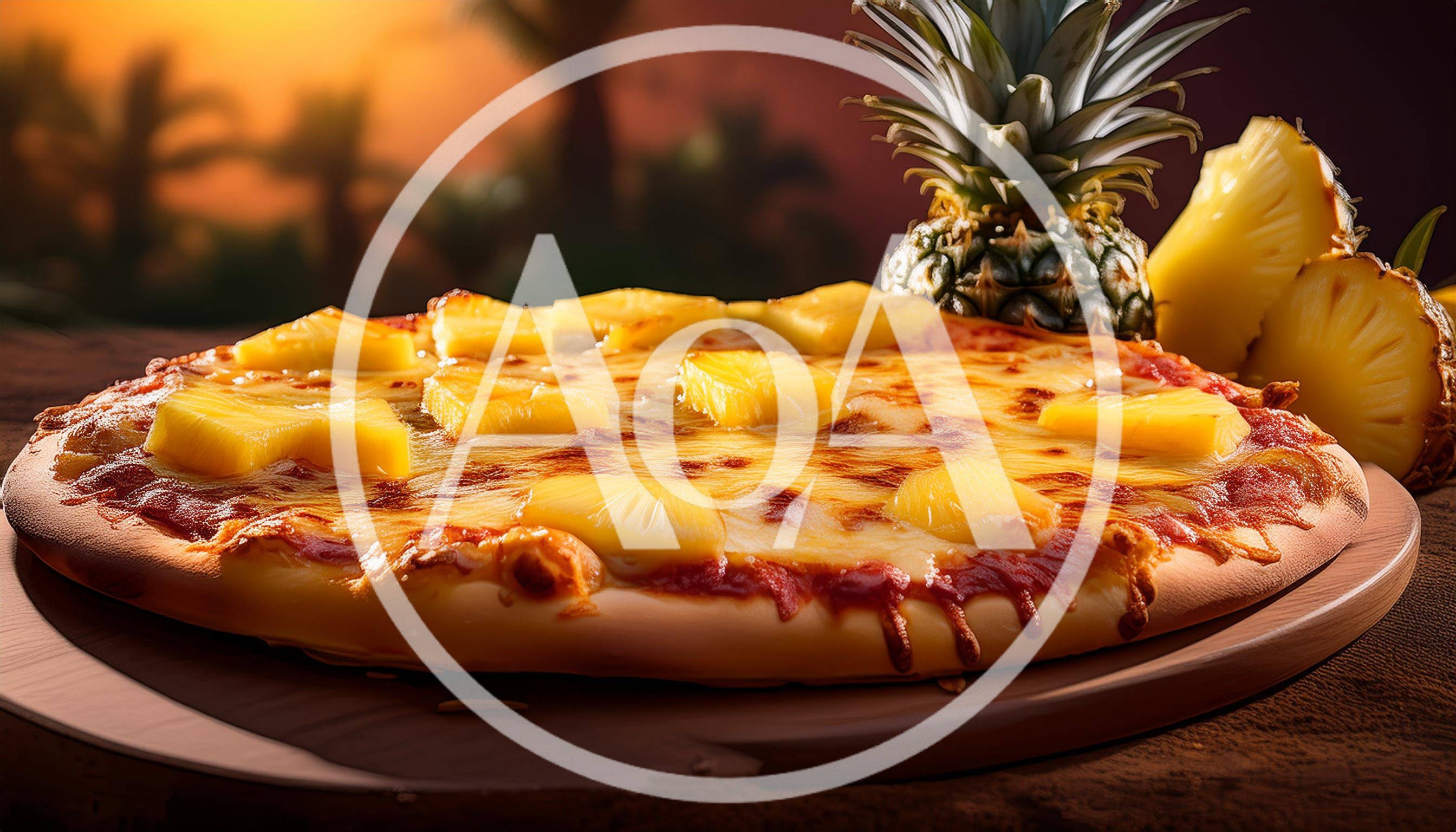 Fresh Hawaiian Pineapple Pizza On A Wooden Board