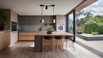 Modern Kitchen Interior With Wooden Island And Bar Stools