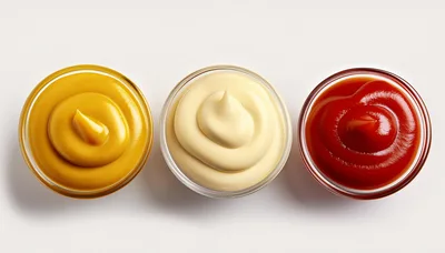 Three Glass Bowls With Mustard Mayonnaise And Ketchup