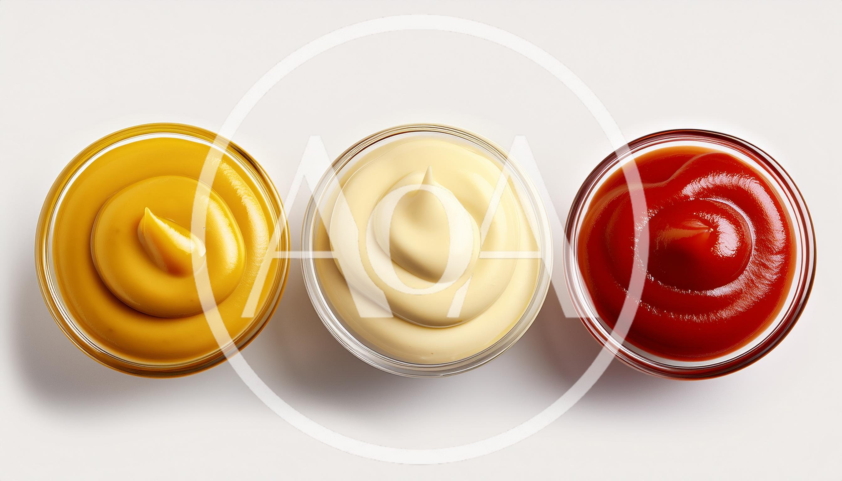 Three Glass Bowls With Mustard Mayonnaise And Ketchup